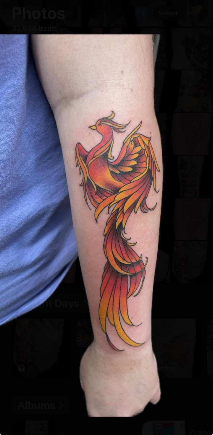 Color + Neo-Traditional phoenix tattoo on Forearm by Carmela_Bella on TattMe
