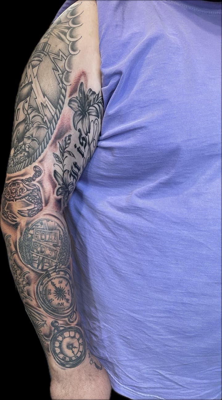 Black & Grey + Script flower tattoo on Full Sleeve by Carmela_Bella on TattMe