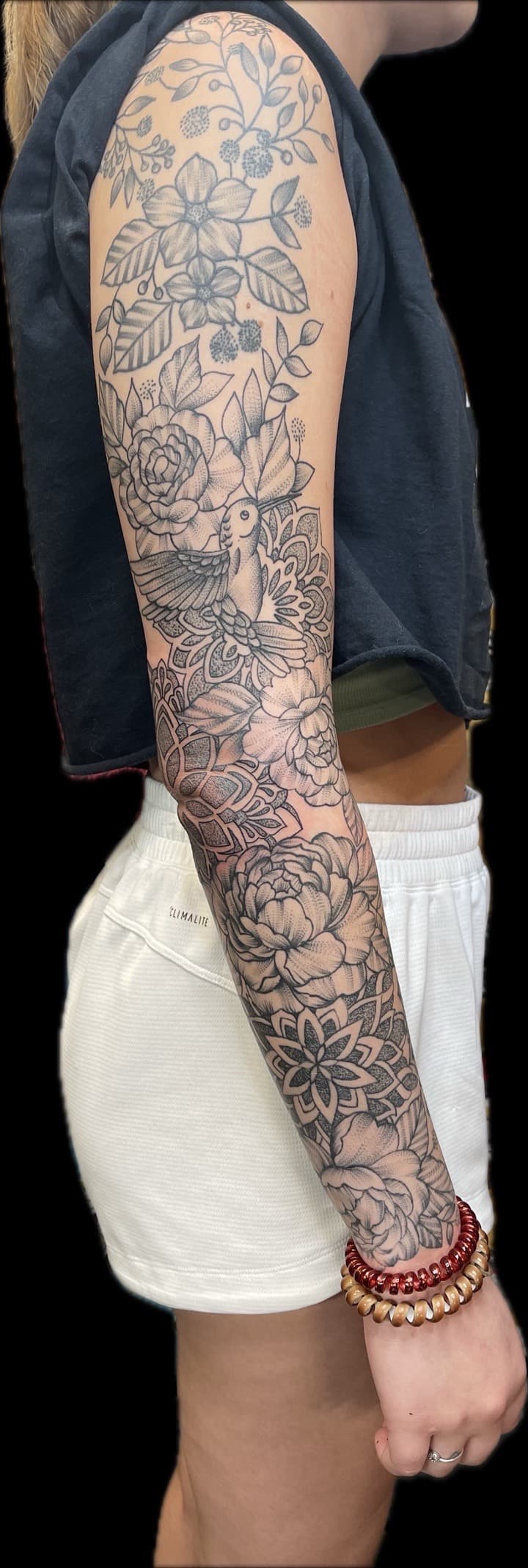 Floral + Dot-work bird tattoo on Full Sleeve by Carmela_Bella on TattMe