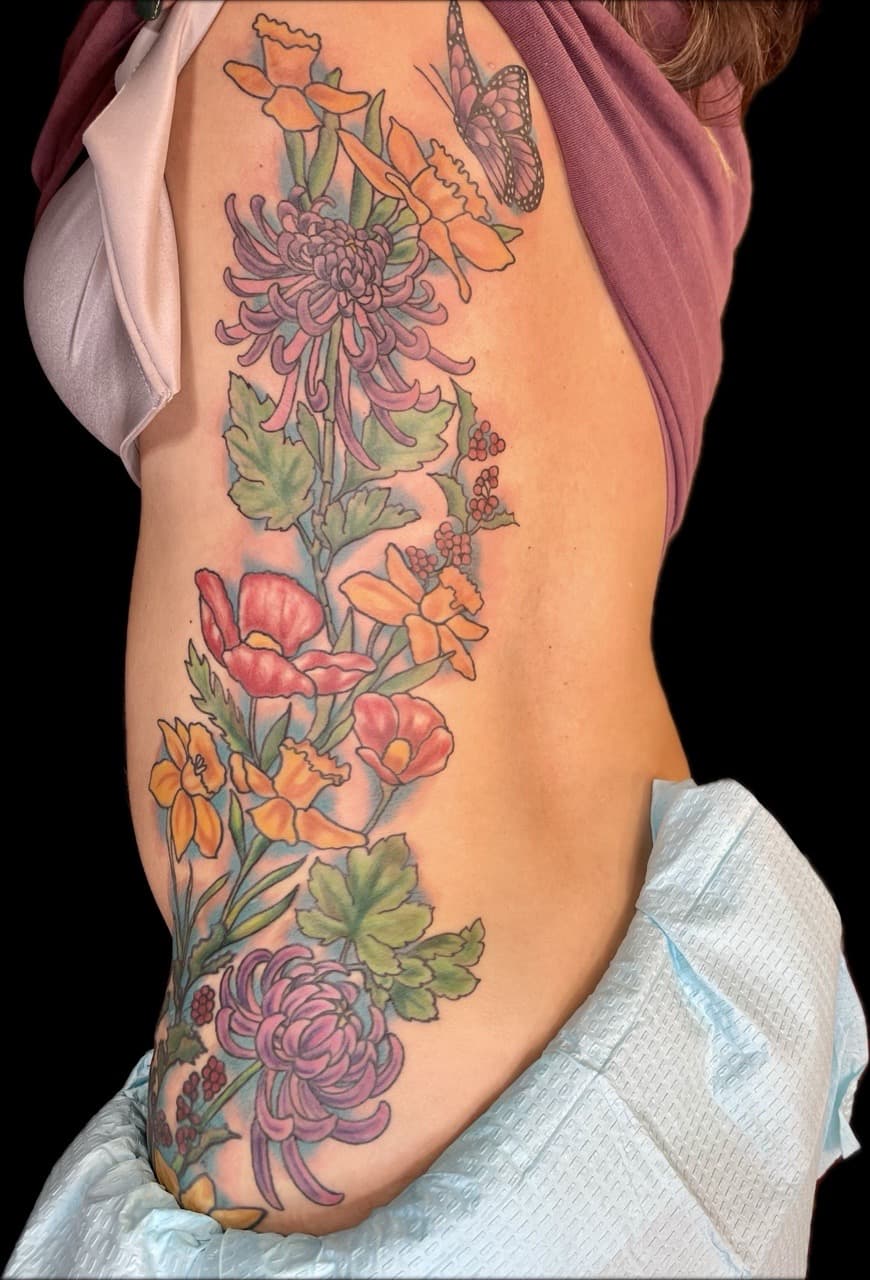 Floral + Color flowers tattoo on Side (Torso) by Carmela_Bella on TattMe