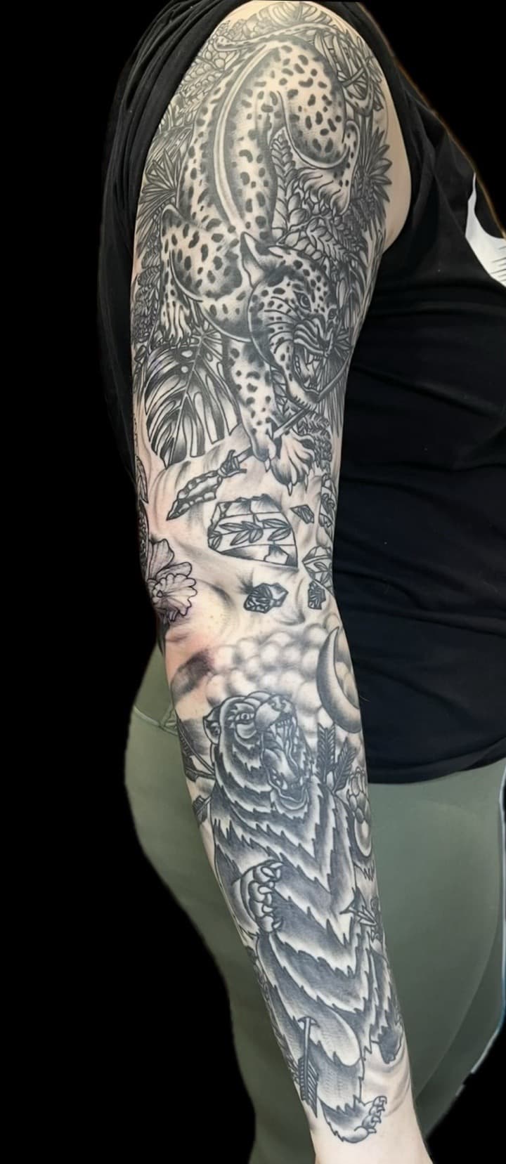 Black & Grey + Illustrative leopard tattoo on Full Sleeve by Carmela_Bella on TattMe