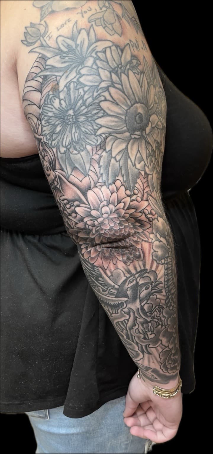 Black & Grey + Floral flowers tattoo on Full Sleeve by Carmela_Bella on TattMe