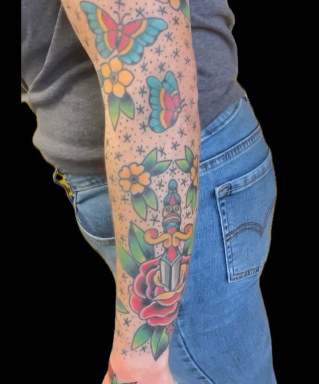 American Traditional + Traditional butterflies tattoo on Forearm by Carmela_Bella on TattMe