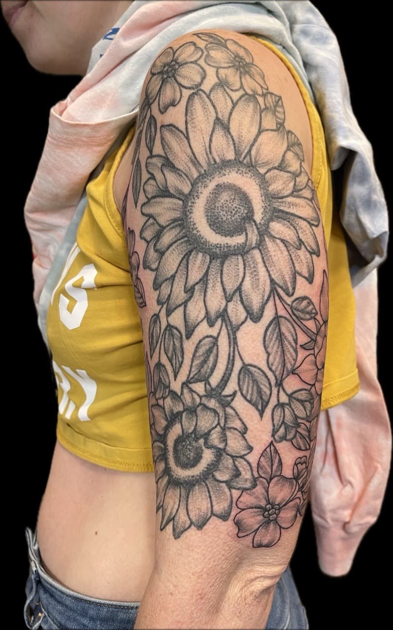 Floral + Black & Grey sunflowers tattoo on Half Sleeve by Carmela_Bella on TattMe