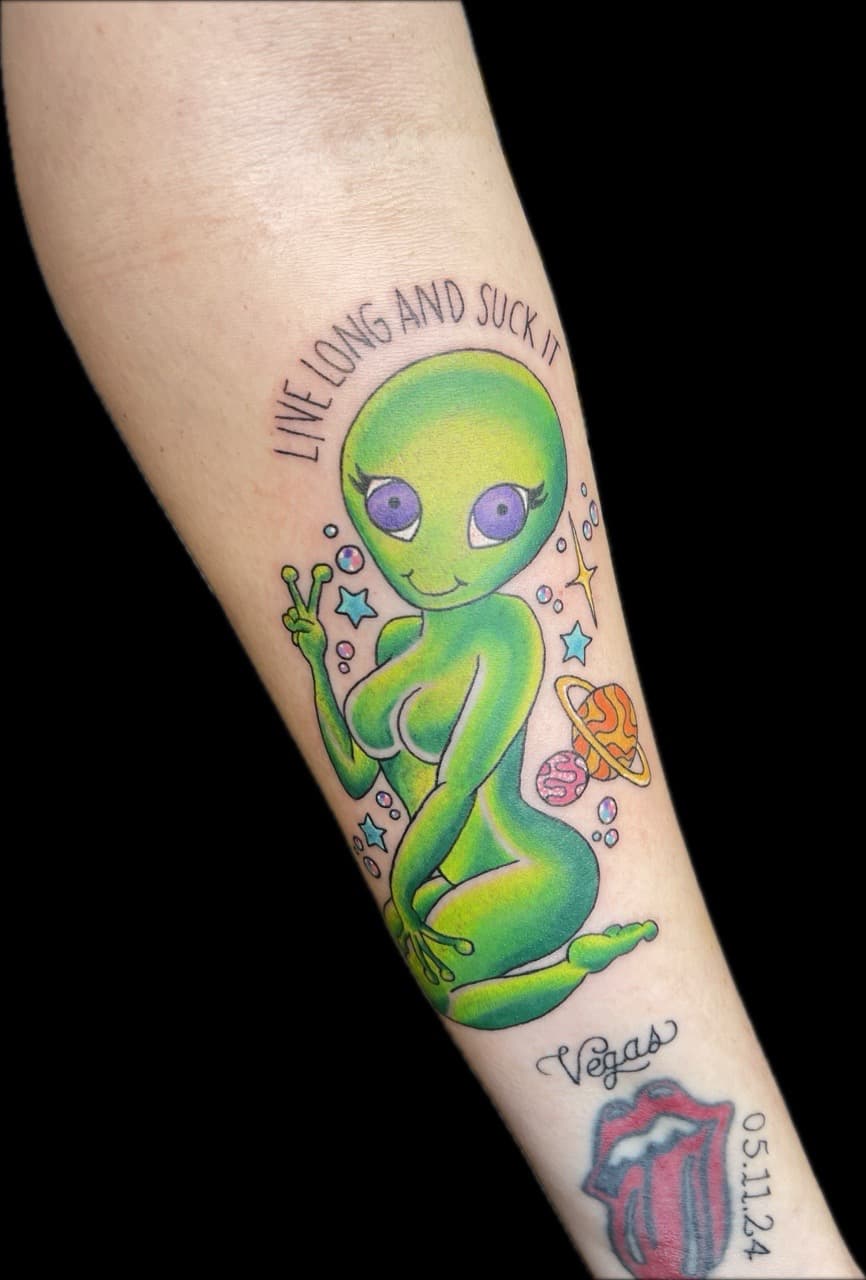 Color + Cartoon alien tattoo on Forearm by Carmela_Bella on TattMe