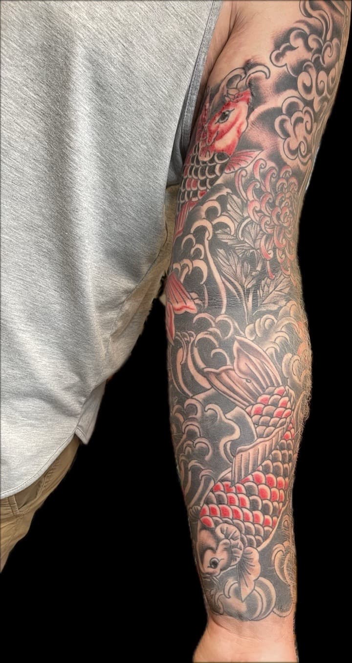 Japanese + Traditional koi fish tattoo on Full Sleeve by Carmela_Bella on TattMe
