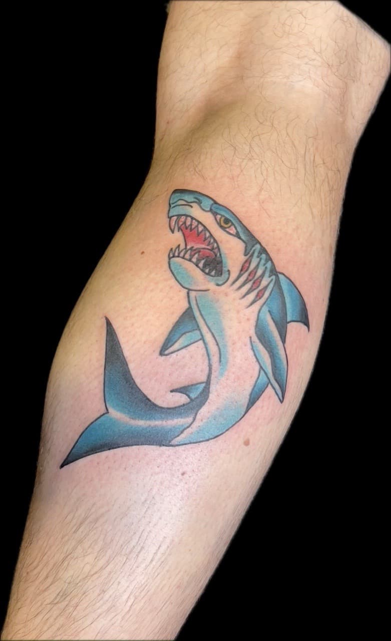 American Traditional + Color shark tattoo on Calf by Carmela_Bella on TattMe