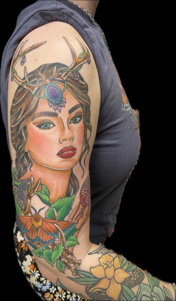 Color + Neo-Traditional woman tattoo on Half Sleeve by Carmela_Bella on TattMe