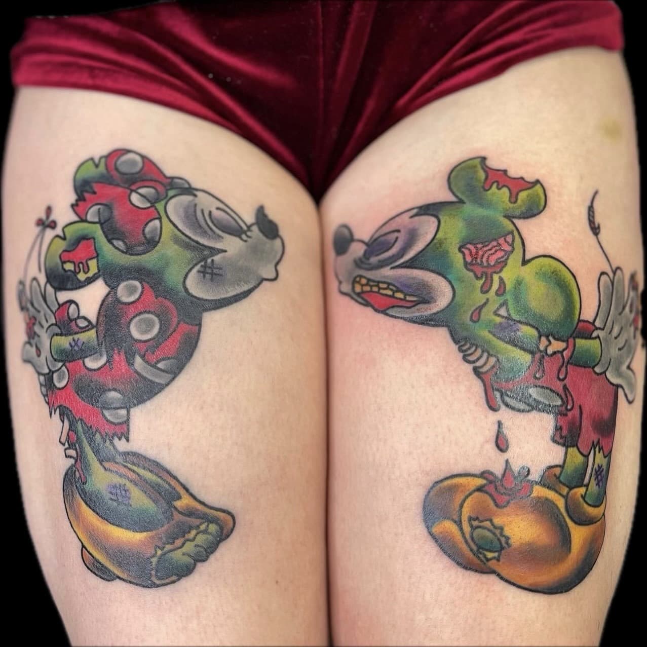 Cartoon + Color mickey mouse tattoo on Thigh by Carmela_Bella on TattMe