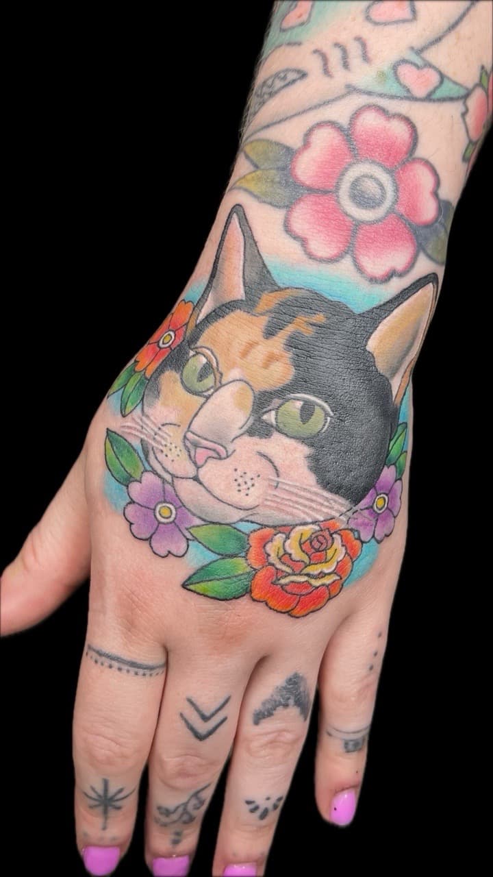 Traditional + American Traditional cat tattoo on Hand by Carmela_Bella on TattMe