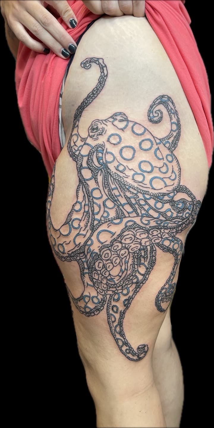 Illustrative + Line-work octopus tattoo on Thigh by Carmela_Bella on TattMe