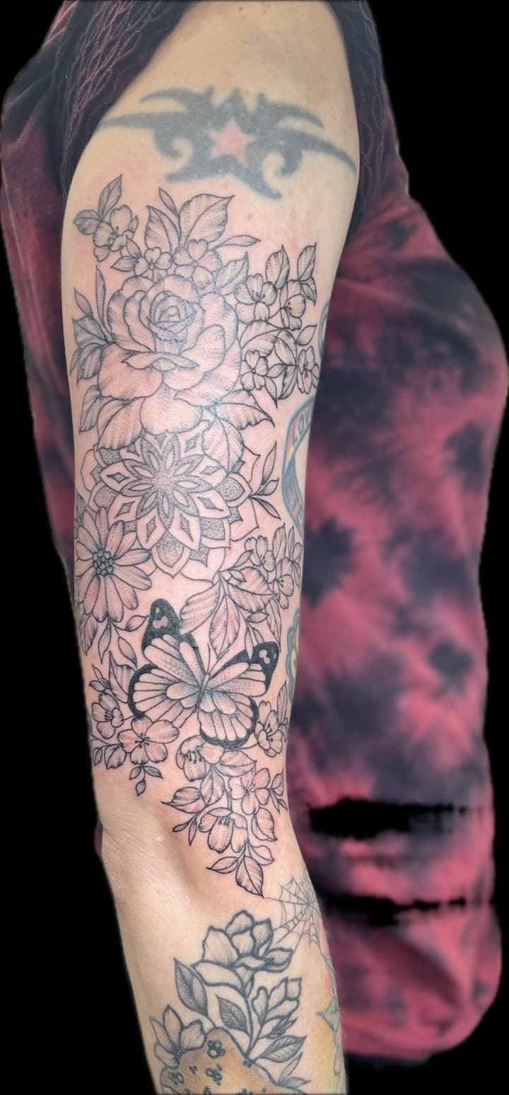 Fine Line + Black-work flowers tattoo on Half Sleeve by Carmela_Bella on TattMe