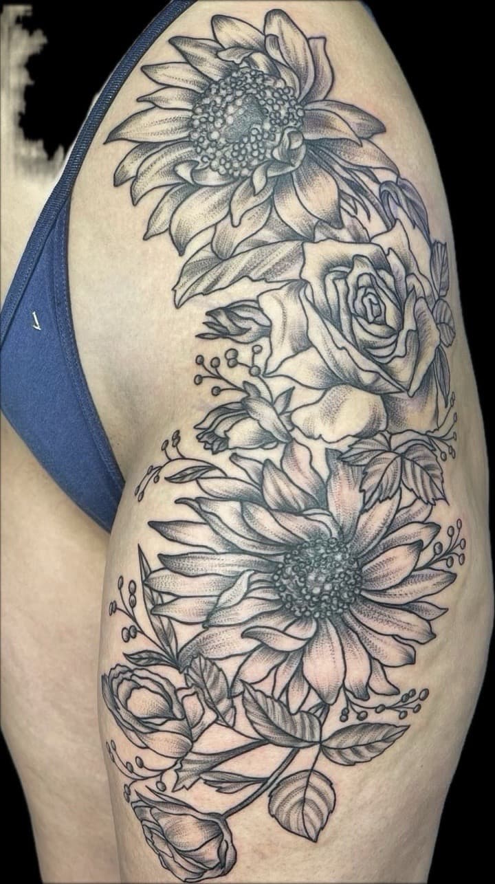 Black & Grey + Floral sunflowers tattoo on Hip by Carmela_Bella on TattMe