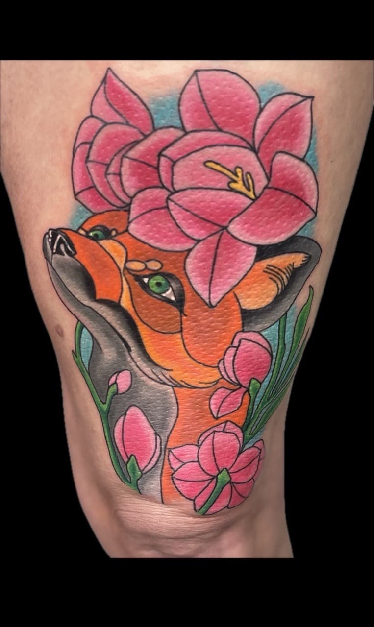 Neo-Traditional + Illustrative fox tattoo on Thigh by Carmela_Bella on TattMe