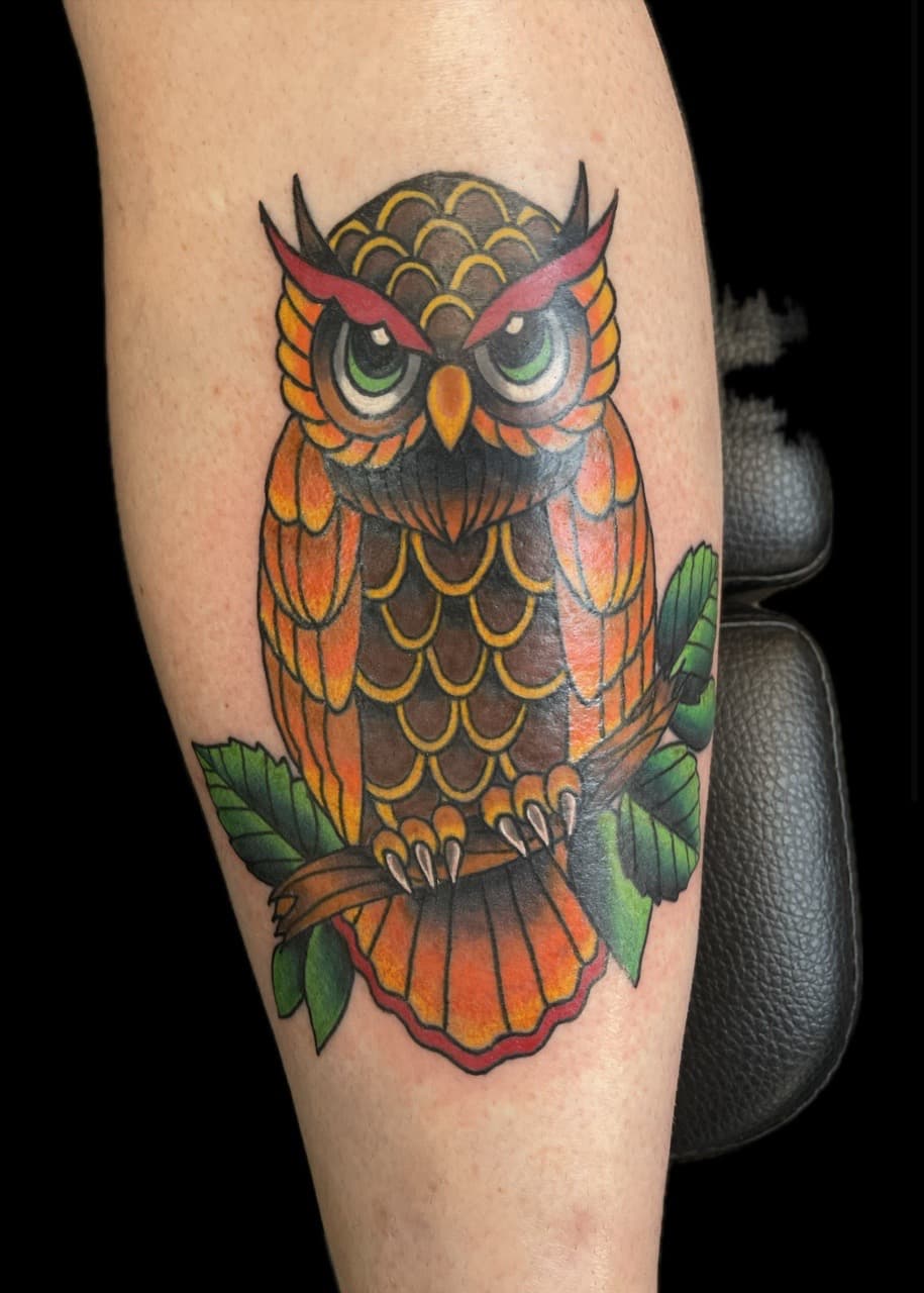 Traditional + American Traditional owl tattoo on Shin by Carmela_Bella on TattMe