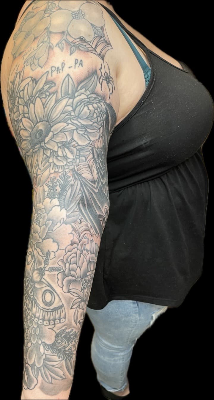 Floral + Black & Grey flowers tattoo on Full Sleeve by Carmela_Bella on TattMe