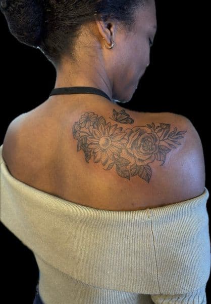Black & Grey + Floral flowers tattoo on Shoulder Blade by Carmela_Bella on TattMe