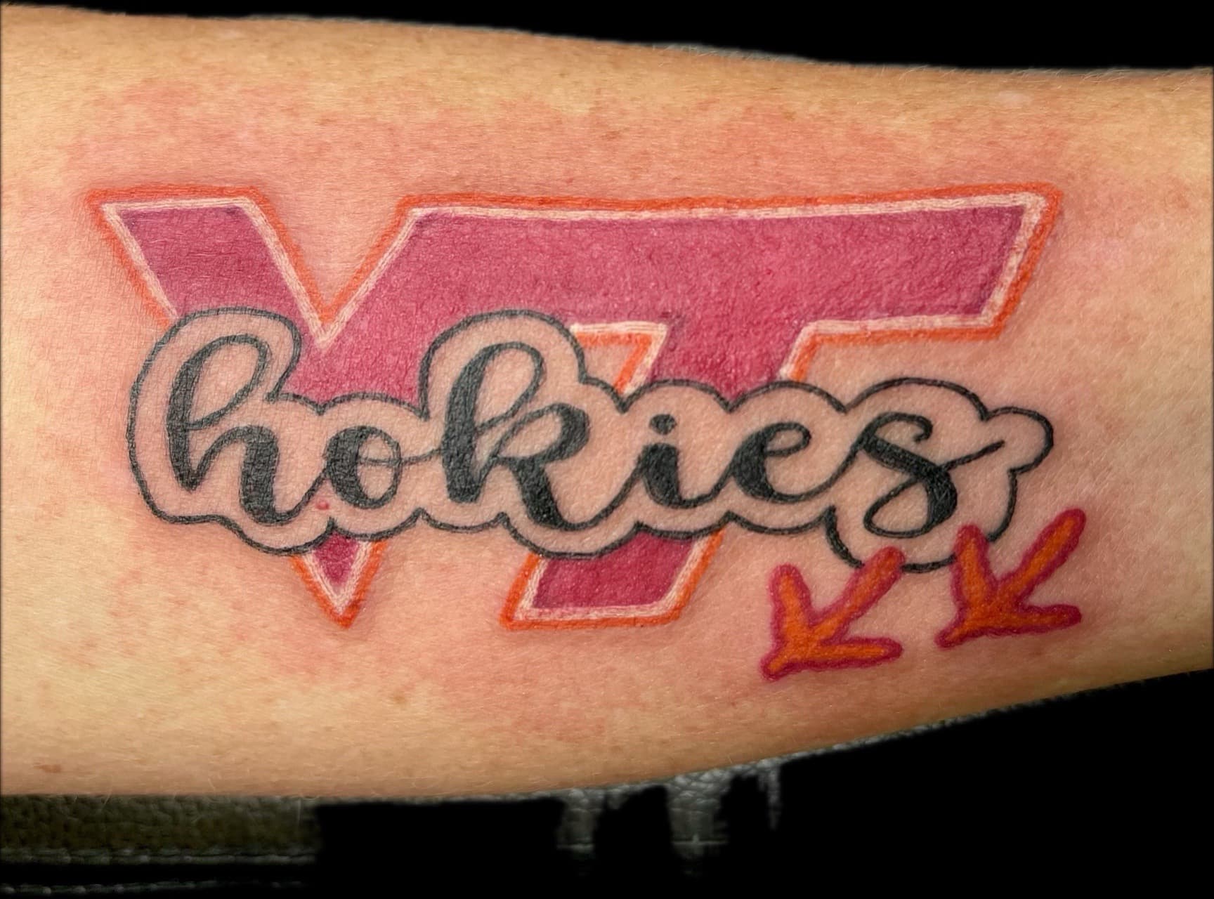 Color + Lettering virginia tech tattoo on Forearm by Carmela_Bella on TattMe
