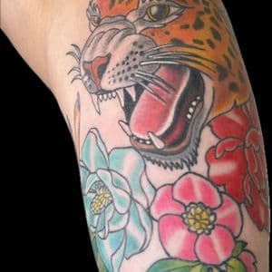 Traditional + Color jaguar tattoo on Upper Arm by Carmela_Bella on TattMe
