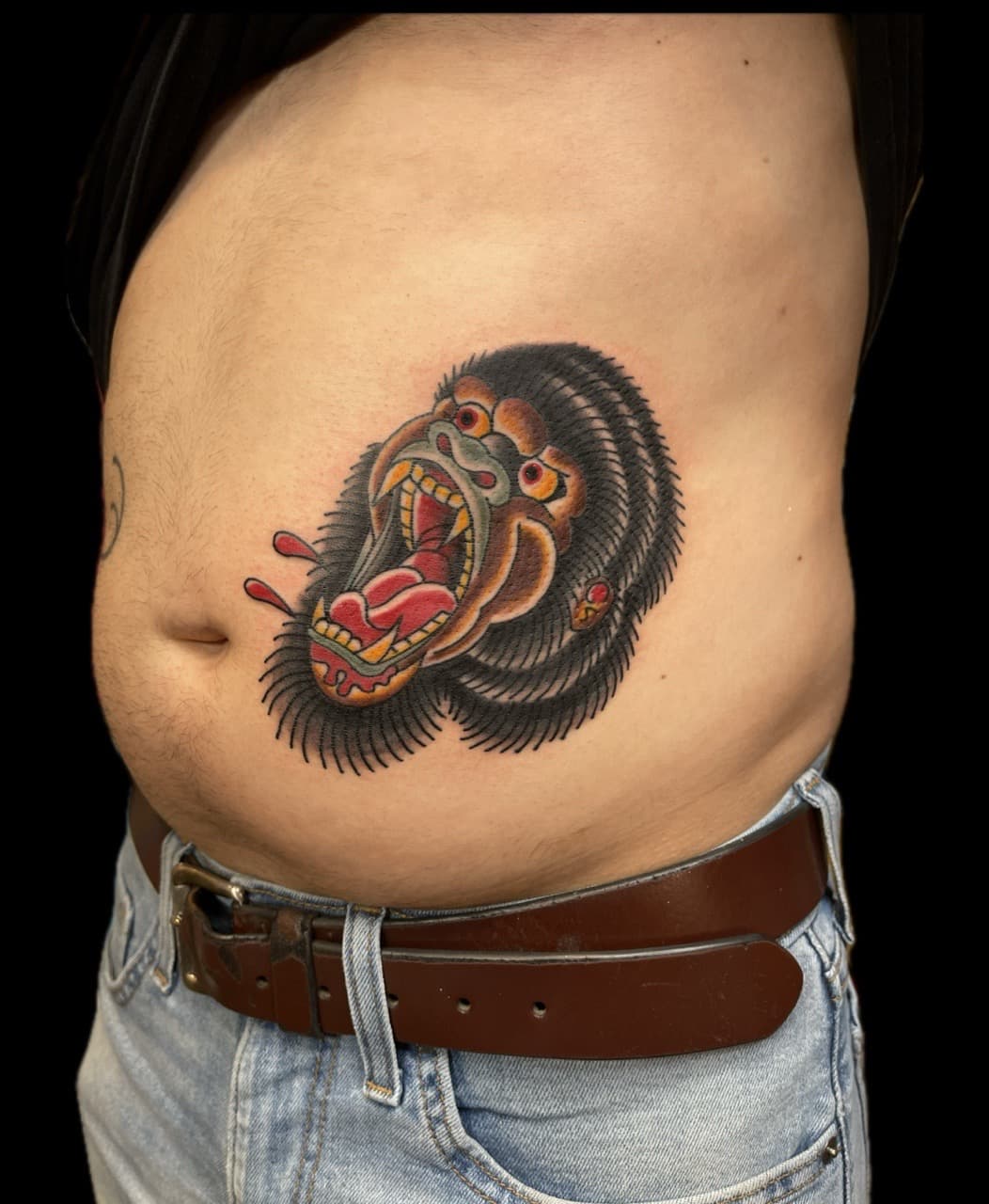 Color + American Traditional gorilla tattoo on Stomach by Carmela_Bella on TattMe