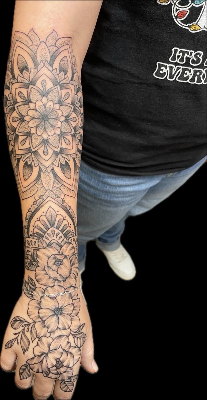 Mandala + Floral flowers tattoo on Forearm by Carmela_Bella on TattMe