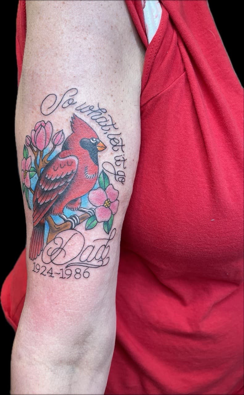 American Traditional + Floral cardinal tattoo on Upper Arm by Carmela_Bella on TattMe