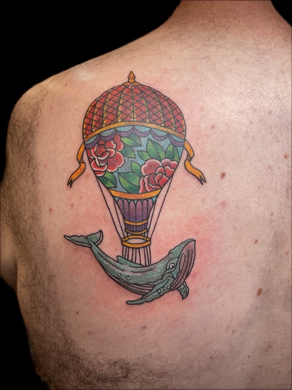 Neo-Traditional + Traditional hot air balloon tattoo on Upper Back by Carmela_Bella on TattMe