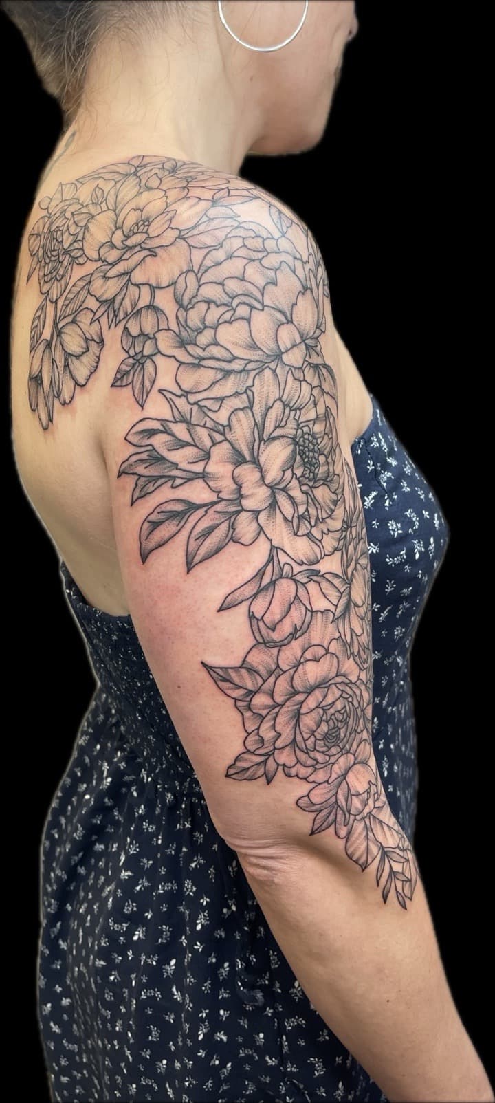 Floral + Black-work flowers tattoo on Half Sleeve by Carmela_Bella on TattMe