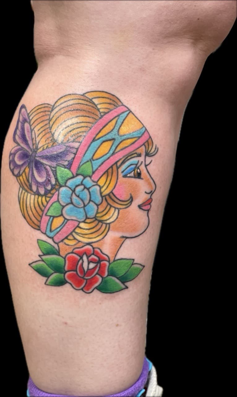 Traditional + American Traditional woman tattoo on Calf by Carmela_Bella on TattMe