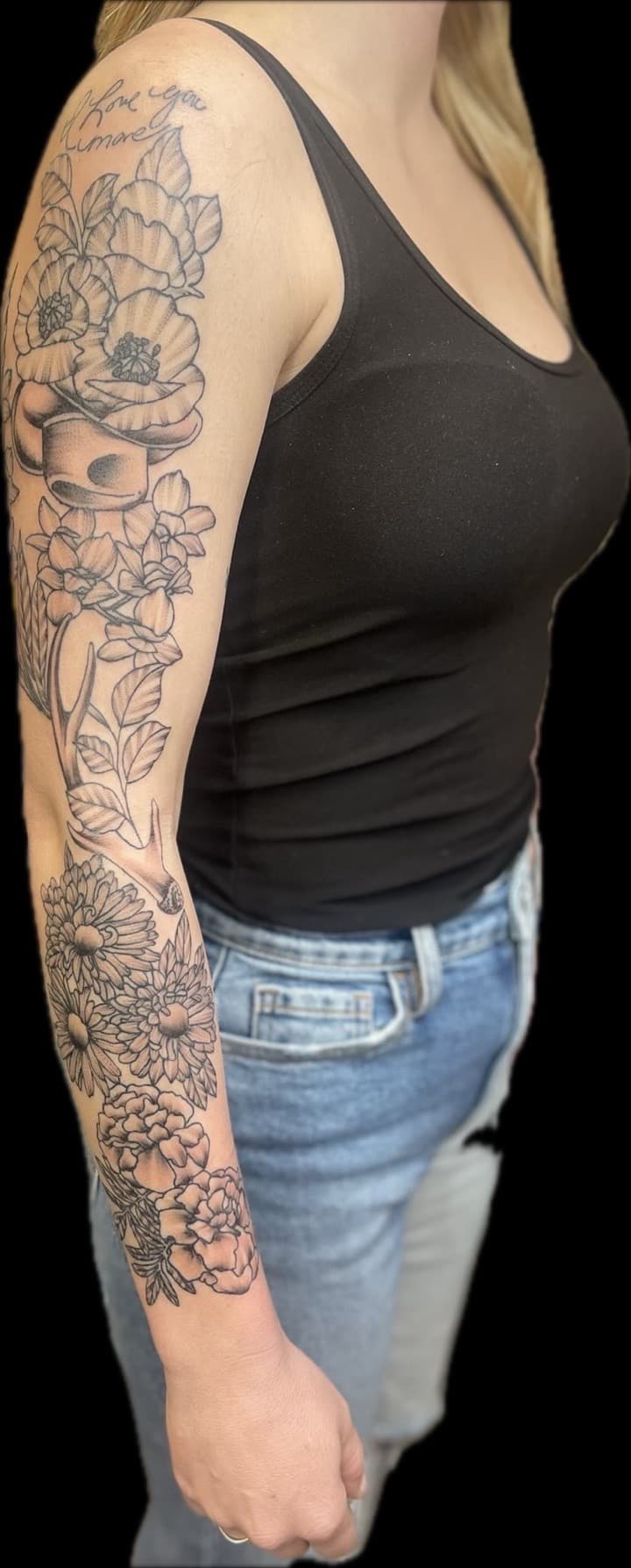 Floral + Black & Grey flowers tattoo on Full Sleeve by Carmela_Bella on TattMe