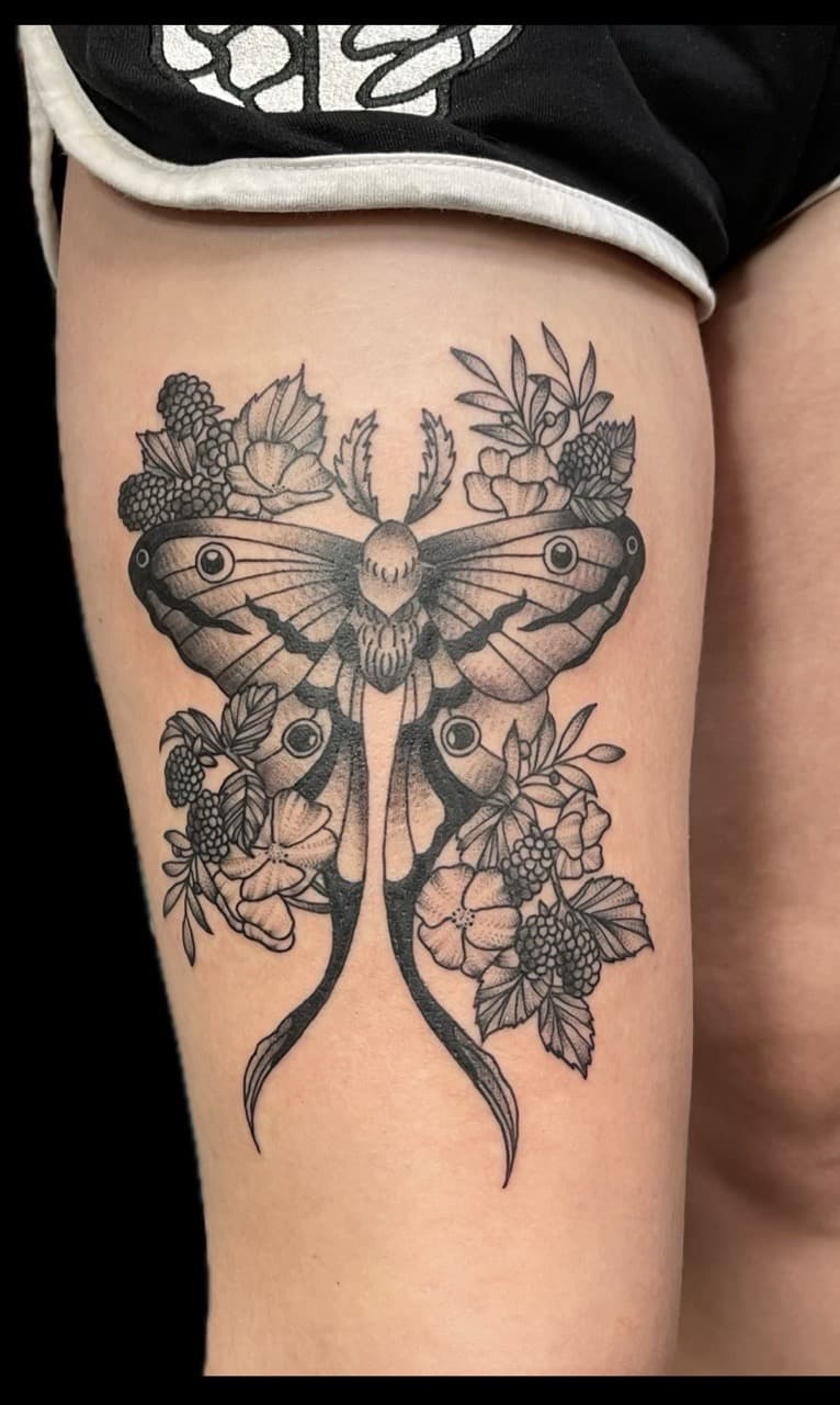 Black & Grey + Illustrative moth tattoo on Thigh by Carmela_Bella on TattMe