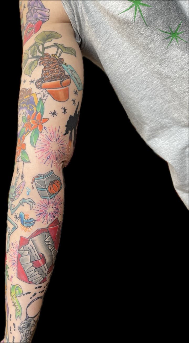 Color + Illustrative crystals tattoo on Half Sleeve by Carmela_Bella on TattMe
