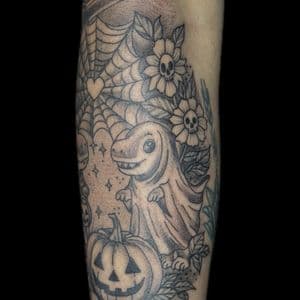 Black & Grey + Illustrative dinosaur tattoo on Forearm by Carmela_Bella on TattMe