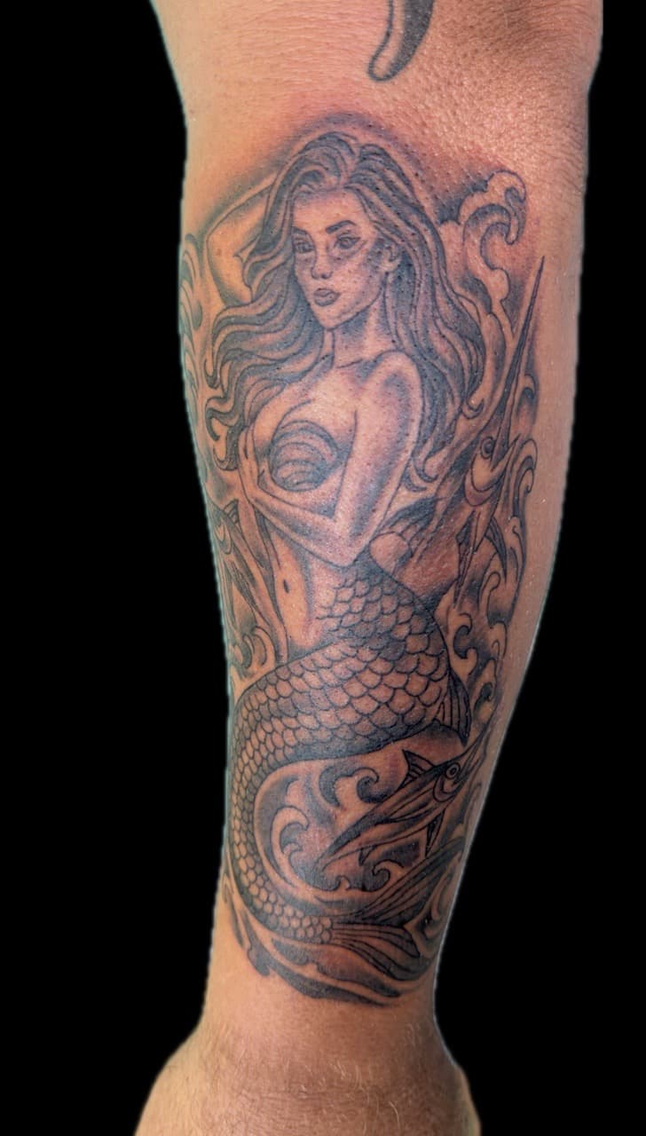 Black & Grey + Illustrative mermaid tattoo on Forearm by Carmela_Bella on TattMe