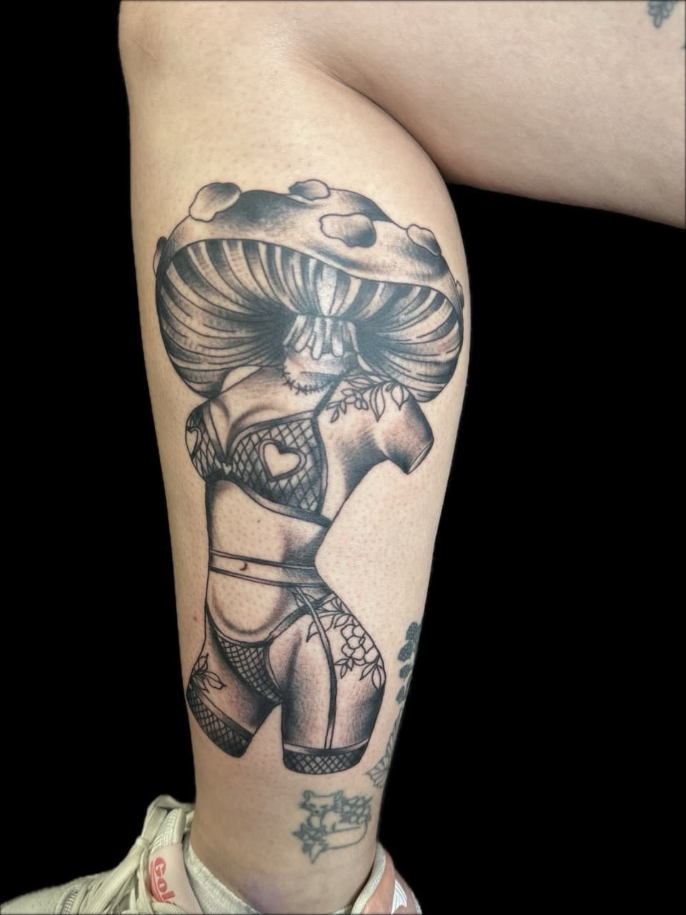 Black & Grey + Illustrative mushroom tattoo on Calf by Carmela_Bella on TattMe