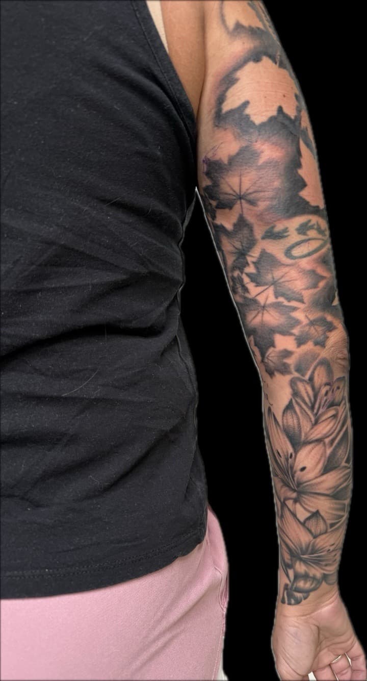 Black & Grey + Floral maple leaves tattoo on Full Sleeve by Carmela_Bella on TattMe