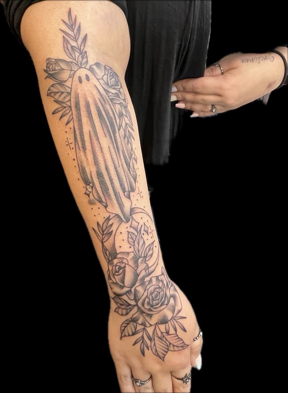 Black & Grey + Fine Line ghost tattoo on Forearm by Carmela_Bella on TattMe