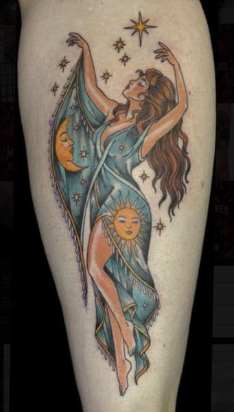 Neo-Traditional + Color woman tattoo on Calf by Carmela_Bella on TattMe