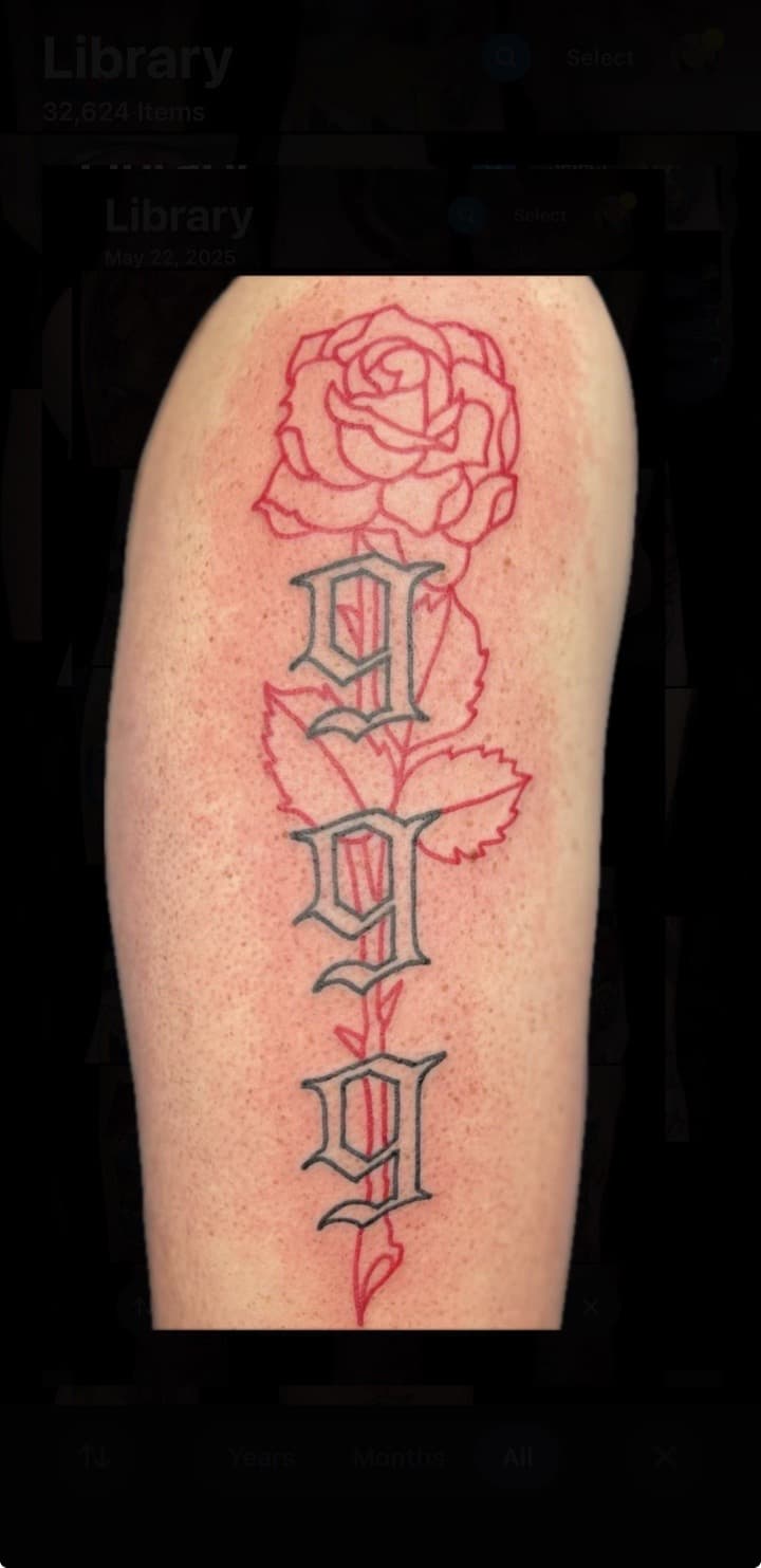 Line-work + Lettering rose tattoo on Upper Arm by Carmela_Bella on TattMe