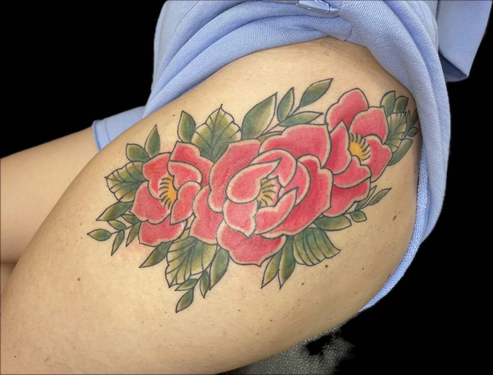 Traditional + American Traditional flowers tattoo on Thigh by Carmela_Bella on TattMe