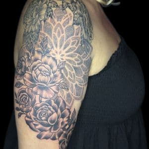 Black & Grey + Floral flowers tattoo on Half Sleeve by Carmela_Bella on TattMe
