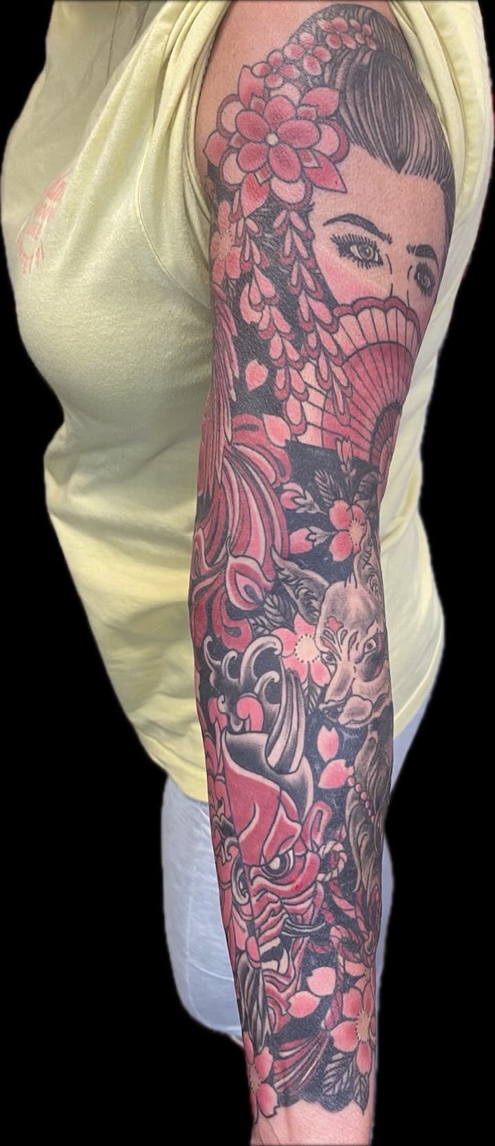 Japanese + Color woman tattoo on Full Sleeve by Carmela_Bella on TattMe