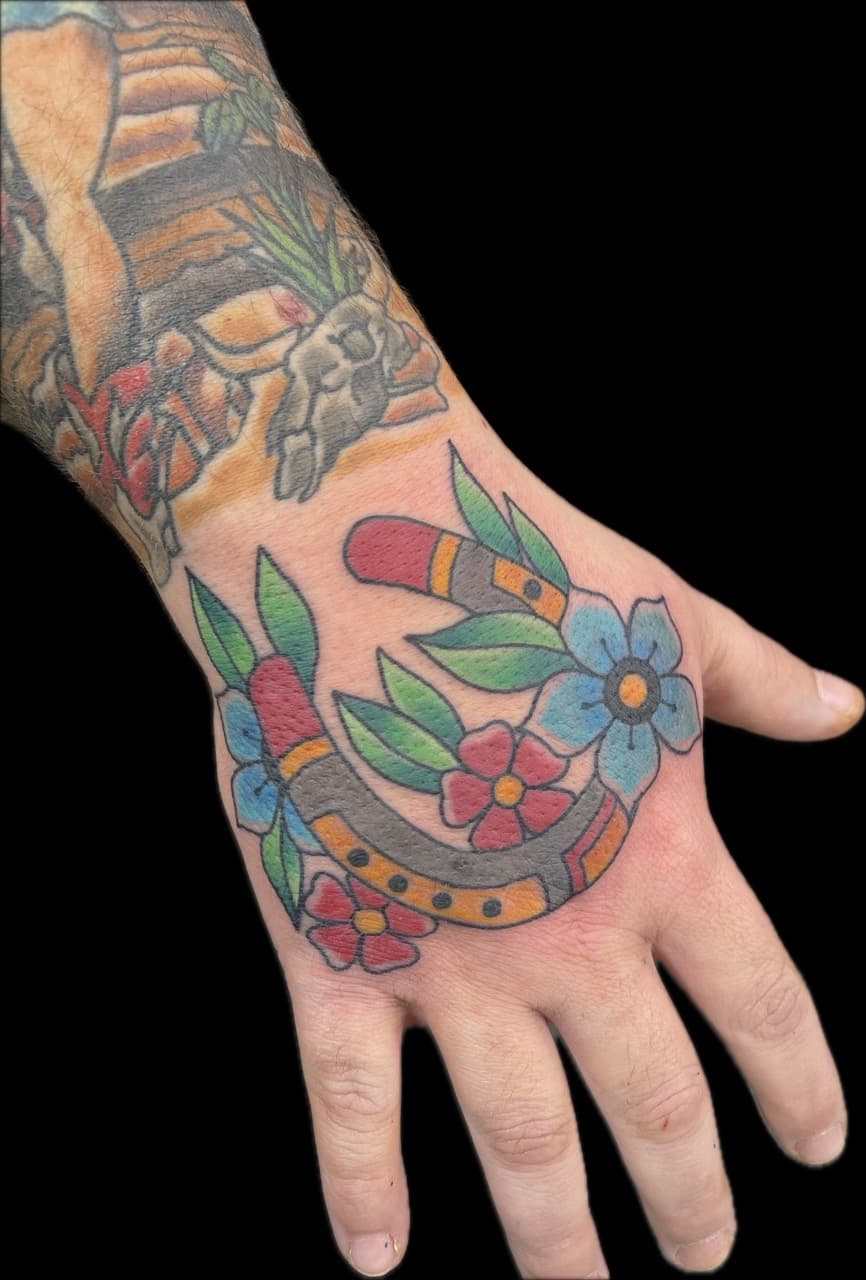 Traditional + American Traditional horseshoe tattoo on Hand by Carmela_Bella on TattMe