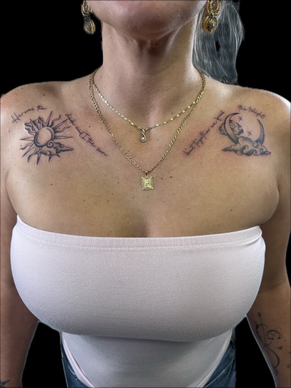 Fine Line + Black & Grey sun tattoo on Chest by Carmela_Bella on TattMe
