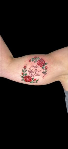Floral + Lettering roses tattoo on Upper Arm by Carmela_Bella on TattMe