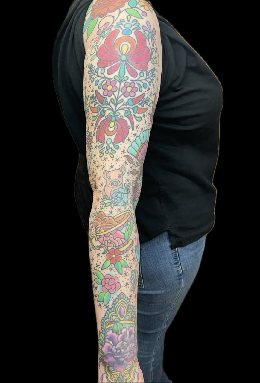Color + Illustrative flowers tattoo on Full Sleeve by Carmela_Bella on TattMe