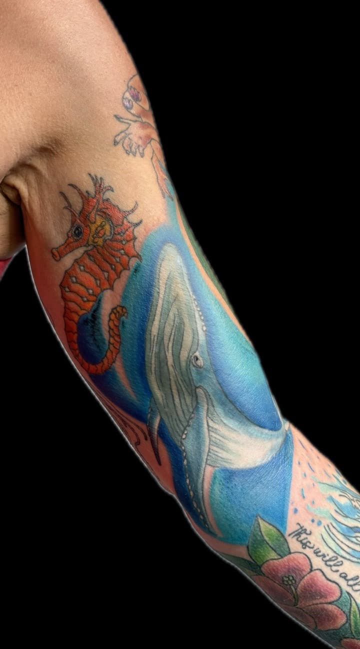 Color + Animals seahorse tattoo on Half Sleeve by Carmela_Bella on TattMe
