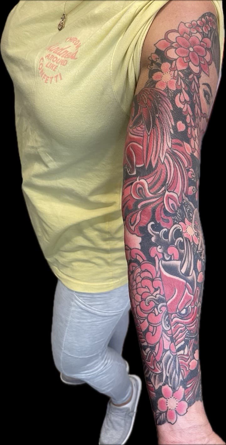 Japanese + Color geisha tattoo on Full Sleeve by Carmela_Bella on TattMe