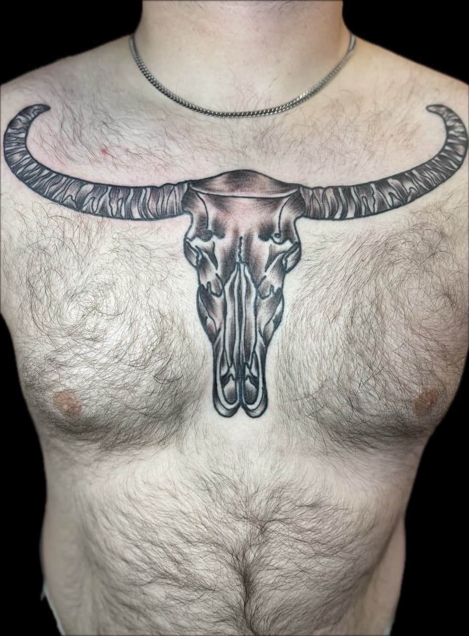 Black & Grey + Realism bull skull tattoo on Chest by Carmela_Bella on TattMe