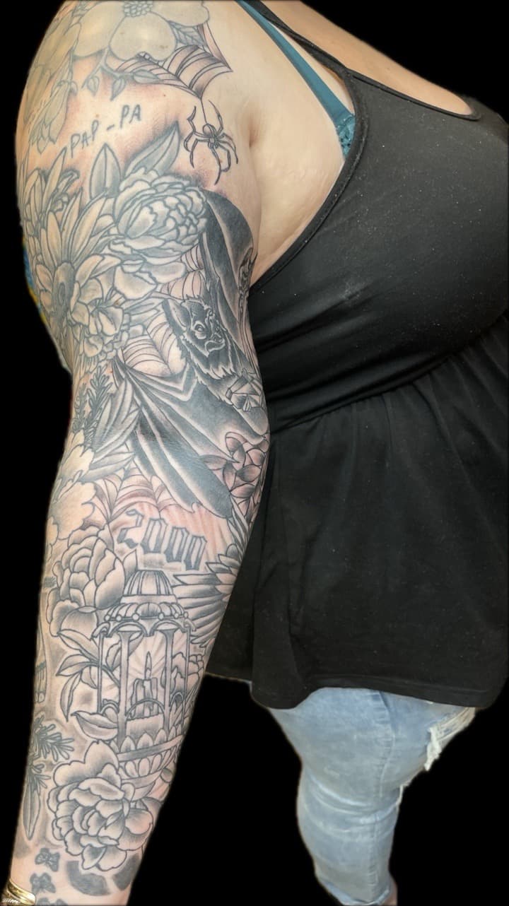 Black & Grey + Floral flowers tattoo on Full Sleeve by Carmela_Bella on TattMe